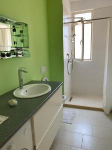 baño verde con lavabo y ducha en Adelina's Delux Apartament Durres, en Durrës