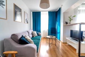 ein Wohnzimmer mit einem Sofa und einem TV in der Unterkunft Apartament La Lemur in Nowy Sącz
