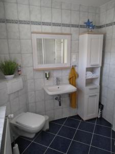 不來梅港的住宿－Ferienhaus Eckernfeld Bremerhaven，一间带卫生间和水槽的浴室