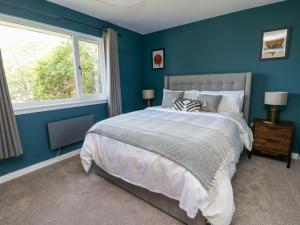 a blue bedroom with a bed and a window at Beech Cottage in Aberfeldy