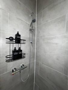 a bathroom with a shower stall with a shower at 2 Bedroom Apartment with Balcony in Oxford