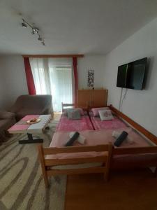 a bedroom with a large bed and a living room at Sleep & fly - Single room with shared bathroom in Sarajevo