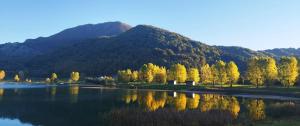 a lake with trees and a mountain in the background at Casa alla Costa in Mormanno