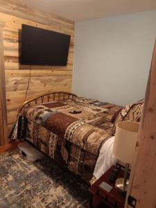 a bedroom with a bed and a flat screen tv at Deckers South Platte River Cabin 