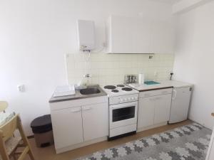 una piccola cucina con armadi bianchi e lavandino di Apartman Monaco a Kraljevo