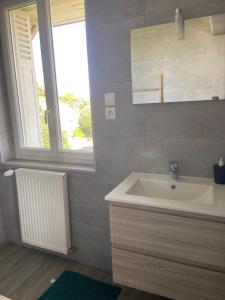 een badkamer met een wastafel en een raam bij Appartement 21 in La Roche-Posay