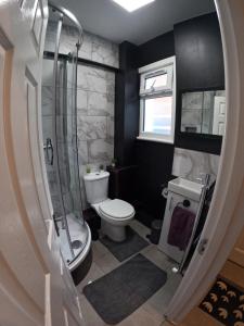 a small bathroom with a toilet and a shower at Studio Apartment in Kew in Kew