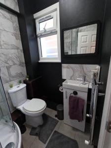 a bathroom with a toilet and a sink and a window at Studio Apartment in Kew in Kew