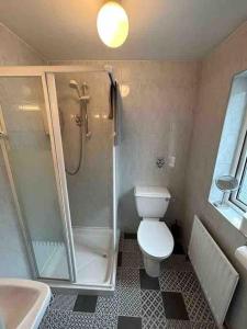 a bathroom with a shower and a toilet and a sink at Central Town House, Moville in Moville