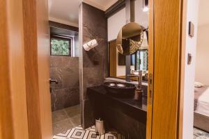 uma casa de banho com um lavatório e um espelho em Hotel Boutique Anoma em Saraievo