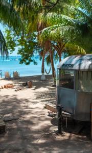an old truck parked on a beach with palm trees at Sal & Turq in Roatan