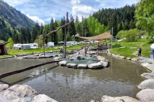 un fiume con una fontana al centro di Stilvolle Wohnung mit traumhaftem Bergblick a Disentis