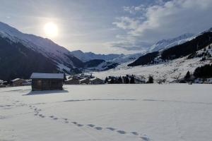 ein schneebedecktes Feld mit einer Hütte in den Bergen in der Unterkunft Ideal für gemütliche Ski-, Wander-, und Bergferien in Disentis