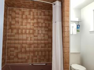 a bathroom with a shower with a toilet at Elevation Lodge in South Lake Tahoe
