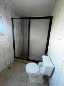 La salle de bains est pourvue de toilettes blanches. dans l'établissement Cabaña Curaquilla - Arauco, à Arauco
