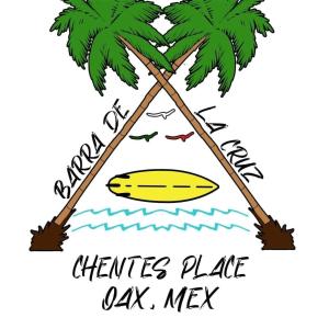 a hammock with two palm trees and a surfboard at Chentes Place in Barra de la Cruz