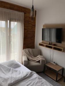 a bedroom with a bed and a chair and a flat screen tv at Apartmani 1490 in Žabljak