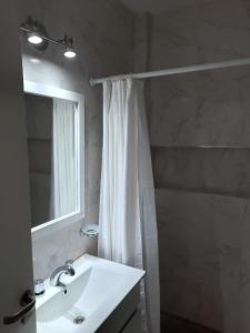 baño con cortina de ducha blanca y lavamanos en Departamentito en Recoleta en Buenos Aires