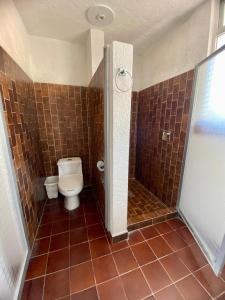 a bathroom with a toilet and a walk in shower at Suites Acapulco Yamba in Acapulco