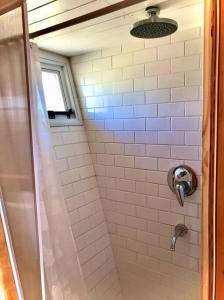 a bathroom with a shower with a glass door at Namakai.tinyhouse, minimalism in a magic place in Los Árboles