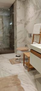 Un baño con ducha, lavabo e inodoro. en Appart CFC luxueux (Aeria Park), en Casablanca