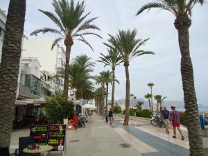 a street with palm trees and people walking down a sidewalk at holiday hogar altea in Altea