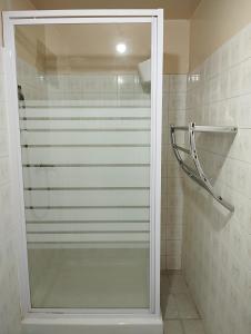 een douche met een glazen deur in de badkamer bij Gîtes Plais'Anse in Trois-Rivières
