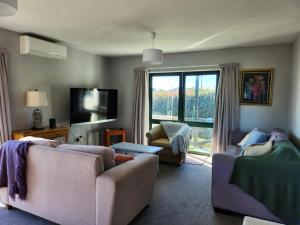 Sala de estar con 2 sofás y TV en Mountainview en Kaikoura