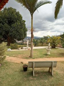 un banc dans un parc avec un palmier et une fontaine dans l'établissement Pousada Recanto Querubim, à Siqueira Campos