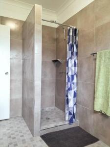 a shower with a blue and white shower curtain at Spacious, Modern & Central in Atherton