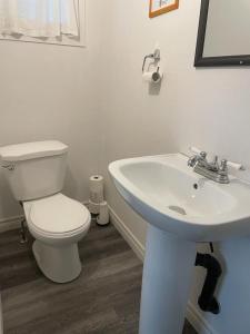a white bathroom with a toilet and a sink at Woodland Cedars Family Cottage Resort in Wasaga Beach