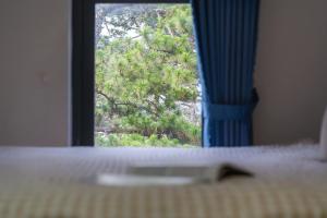 ダラットにあるTrường An Hotelの窓の景色を望む客室で、ベッドに皿を用意しています。