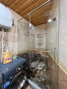 een badkamer met een wasmachine en een douche bij Location, locaton, location! in Ulaanbaatar