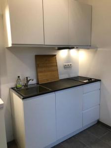 uma cozinha com um lavatório e armários brancos em Cosy renovated 1 bedroom apartment. em Antuérpia
