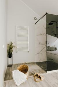 uma casa de banho com uma cabina de duche em vidro e uma cesta. em BUCIUM CLUB VILA 1 em Iaşi