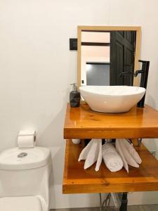 蒙特韋爾德哥斯達黎加的住宿－Calma, Monteverde - Expect Serenity Here，浴室设有盥洗盆和卫生间旁的镜子