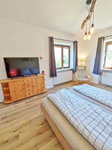 1 dormitorio con 2 camas y TV de pantalla plana en Appartments am Waldbad - Unterm Nussbaum, 