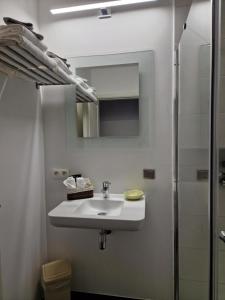 een witte badkamer met een wastafel en een douche bij Nimary Logies in Heusden - Zolder