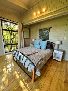 a bedroom with a large bed with blue pillows at Moonriver Cottage, Prime Lagoon Views & Solar Power in Knysna