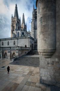 eine Person, die vor einem Gebäude mit einer Kathedrale steht in der Unterkunft Cinco balcones a la Catedral by Unique Rooms in Burgos