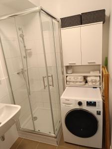 a washing machine in a bathroom with a shower at Cozy one-room apartment with garage and AC in Bratislava