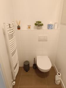 a small bathroom with a toilet and a sink at Cozy one-room apartment with garage and AC in Bratislava