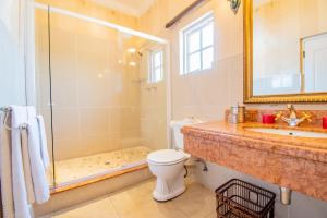 a bathroom with a shower and a toilet and a sink at Emakhosini Boutique Hotel in Durban