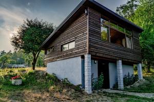 ein kleines Haus mit seitlichen Fenstern in der Unterkunft Open View Place The A Frame in Scăricica