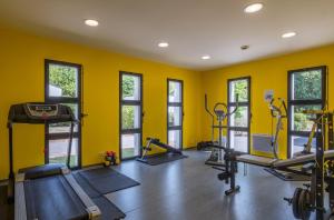 une salle de sport avec des murs jaunes et des tapis de course dans l'établissement Logis Auberge De La Foret, à Le Gâvre