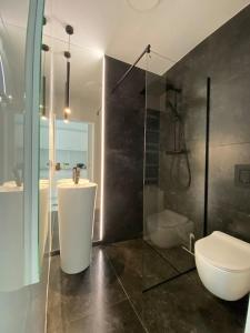 a bathroom with a toilet and a shower and a sink at Mirror Apartment in Serock