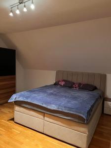 1 dormitorio con 1 cama con edredón azul en Prekmurski raj, en Dobrovnik