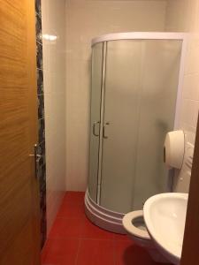 La salle de bains est pourvue d'une douche, de toilettes et d'un lavabo. dans l'établissement Prenočišča Kovač, à Beltinci