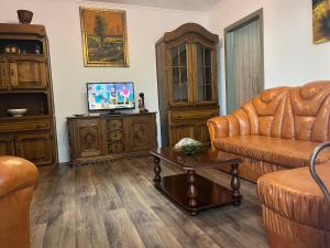 sala de estar con muebles de cuero y TV en Cazare David si familia ., en Piatra Neamţ