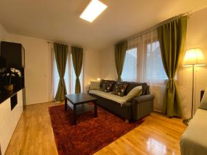 - un salon avec un canapé et une table dans l'établissement Karavanke Holiday Getaway, à Hrušica